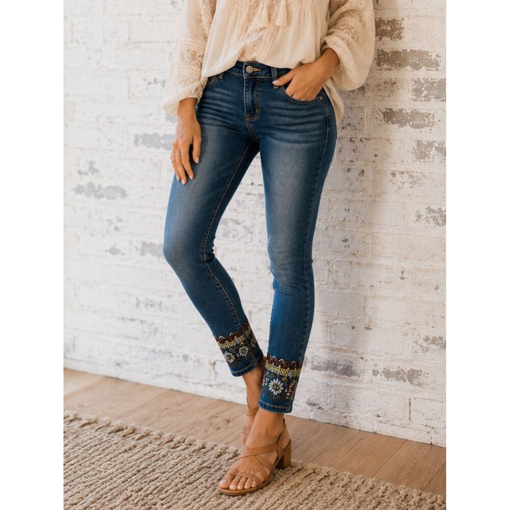 Miss Me Ankle Skinny Jeans Embroidered Hem Floral Boho Stretch Denim 28